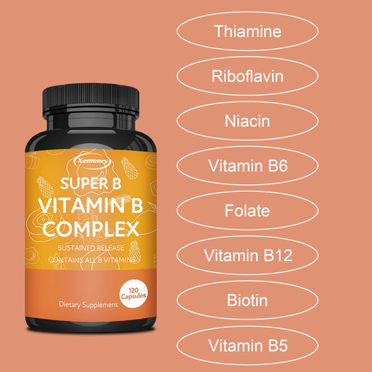 Vitamin B Complex - with Vitamin C, B1, B2, B3, B6, B12 - Energy, Relieve Stress, and Enhance Immunity - 120 Capsules