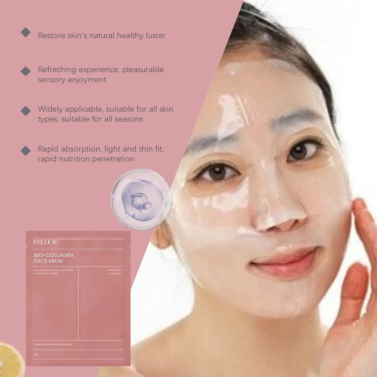 Eelhoe 4pcs Bio Collagen Face Mask Shrink Pores Deep Hydrating Rejuvenation Face Refreshing Brightening Facial Skin Care Mask