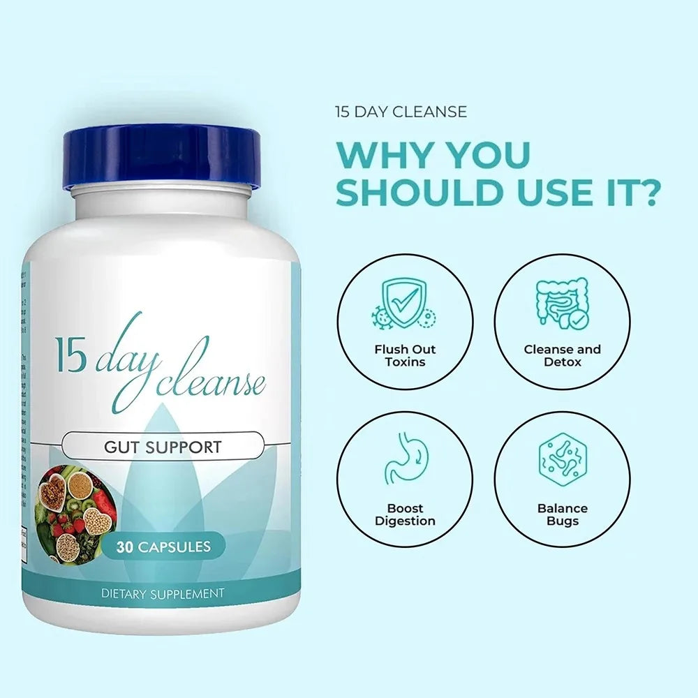 Gut Health Supplements - Improve Digestive Comfort 15 Day Cleanse Detox Gut & Colon Support Capsules