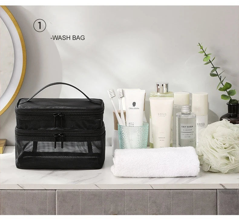 Travel Mesh Wash Storage Bag Makeup Organizer Cosmetics Make Up Skincare Box Plastic Container Handbag For Women Men Bathroom