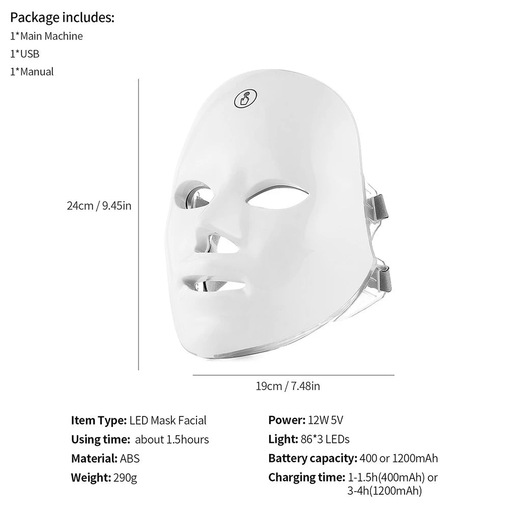 Rechargeable Facial LED Mask 7 Colors LED Photon Therapy Skin Rejuvenation Anti Acne Wrinkle Removal Beauty Mask Skin Brightenin