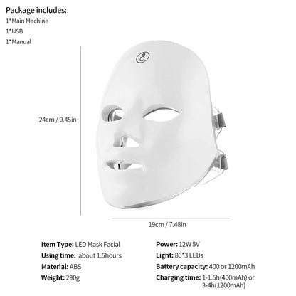 Rechargeable Facial LED Mask 7 Colors LED Photon Therapy Skin Rejuvenation Anti Acne Wrinkle Removal Beauty Mask Skin Brightenin