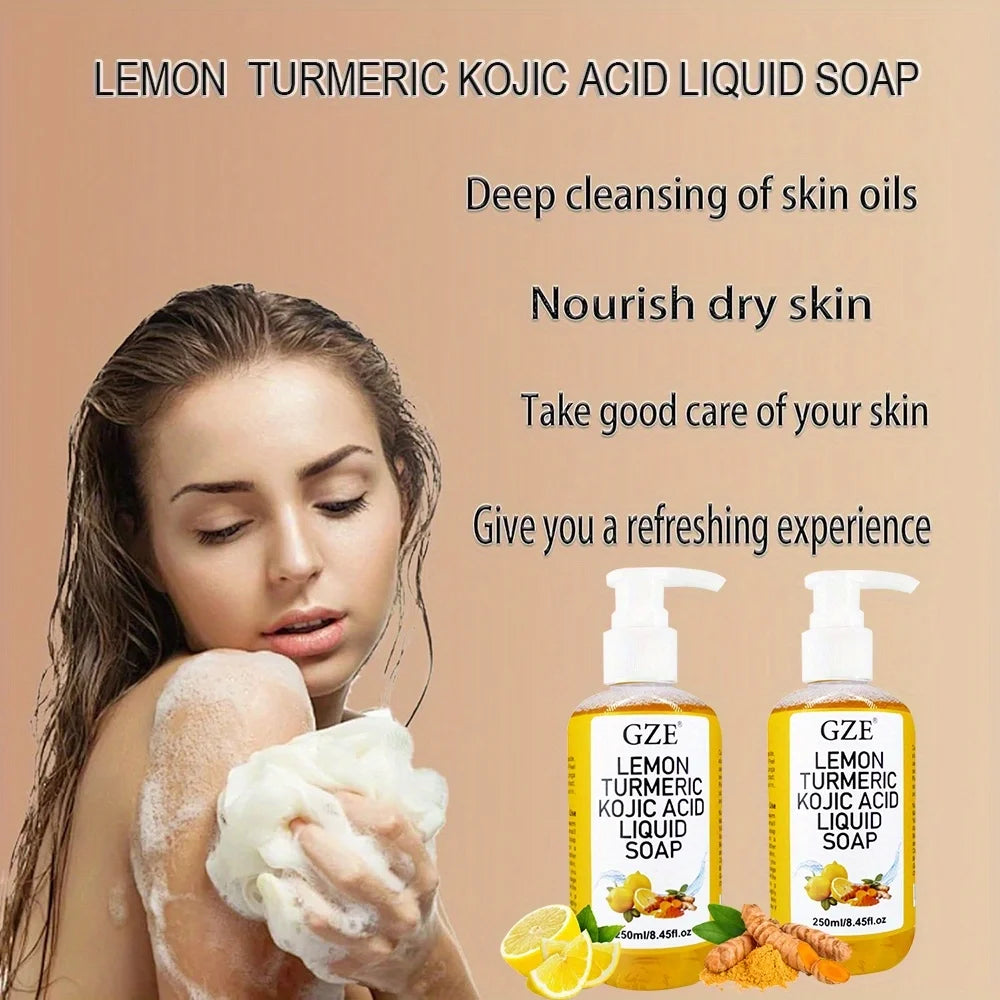 GZE Glow Lemon Turmeric Kojic Acid Liquid Soap - Gentle Exfoliating, Brightening, and Nourishing Skin Cleanser with Turmeric