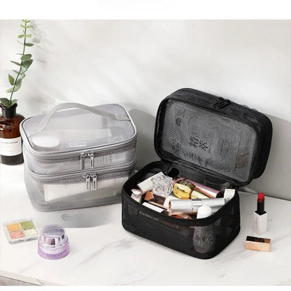 Travel Mesh Wash Storage Bag Makeup Organizer Cosmetics Make Up Skincare Box Plastic Container Handbag For Women Men Bathroom