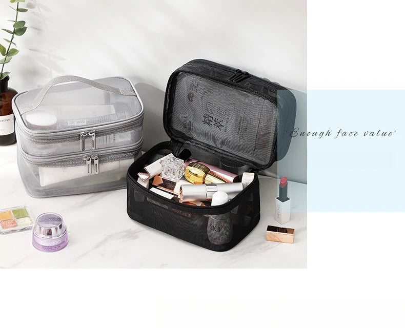 Travel Mesh Wash Storage Bag Makeup Organizer Cosmetics Make Up Skincare Box Plastic Container Handbag For Women Men Bathroom