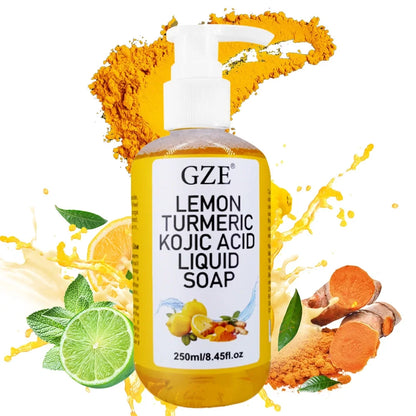 GZE Glow Lemon Turmeric Kojic Acid Liquid Soap - Gentle Exfoliating, Brightening, and Nourishing Skin Cleanser with Turmeric