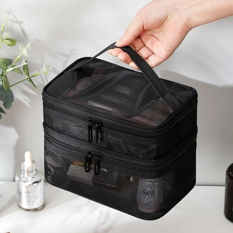 Travel Mesh Wash Storage Bag Makeup Organizer Cosmetics Make Up Skincare Box Plastic Container Handbag For Women Men Bathroom