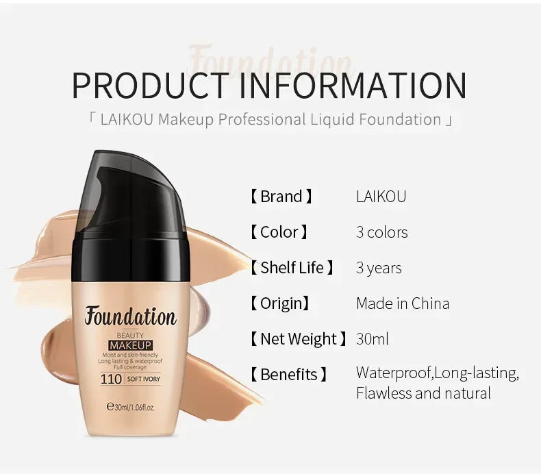 3 Color Natural Concealer Foundation Liquid Full Face Long-lasting Cover Dark Circle Brighten Matte BB Cream Waterproof Makeup