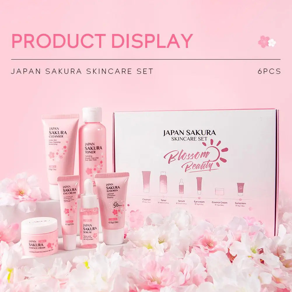 6Pcs/set Facial Skin Care Set Cleanser Sakura Essence Cream Moisturizing Whitening & Anti-Aging Toner Eye Cream Face Serum