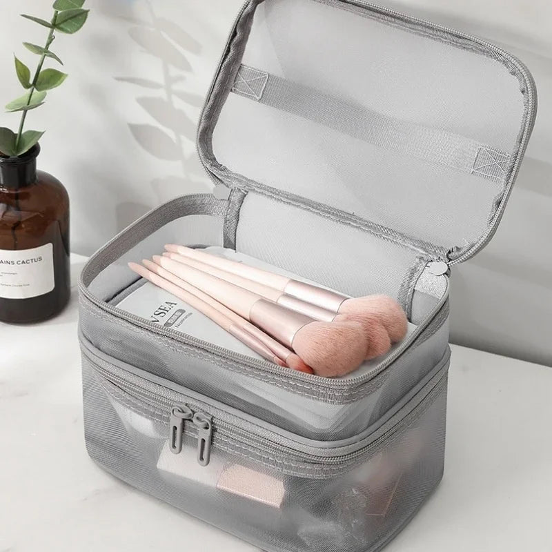 Travel Mesh Wash Storage Bag Makeup Organizer Cosmetics Make Up Skincare Box Plastic Container Handbag For Women Men Bathroom