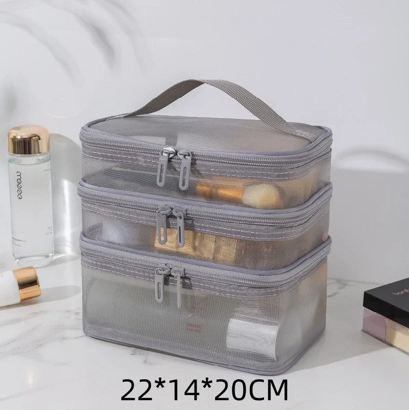 Travel Mesh Wash Storage Bag Makeup Organizer Cosmetics Make Up Skincare Box Plastic Container Handbag For Women Men Bathroom