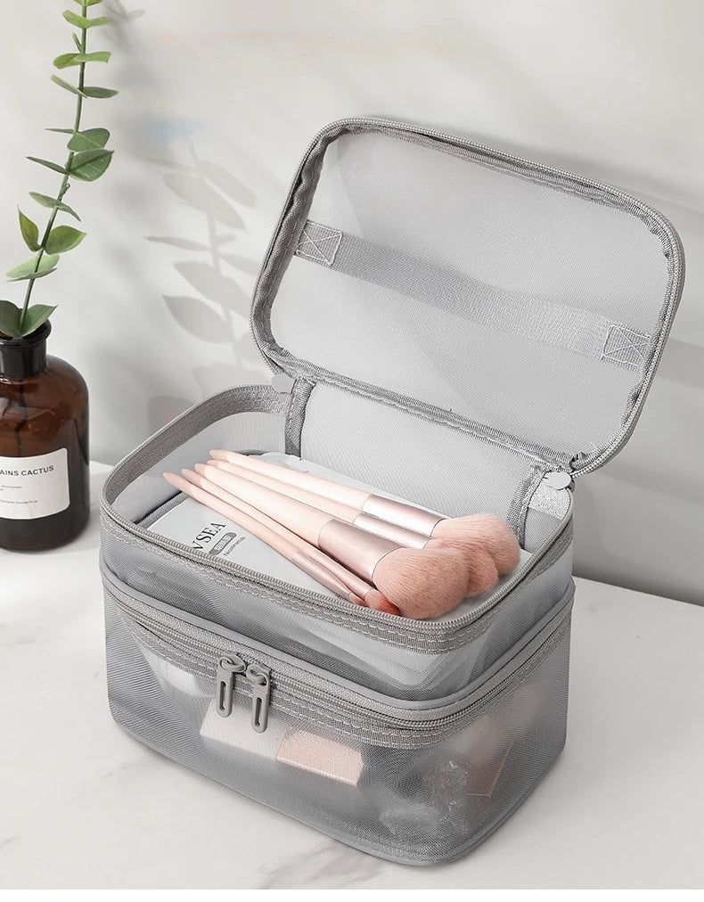 Travel Mesh Wash Storage Bag Makeup Organizer Cosmetics Make Up Skincare Box Plastic Container Handbag For Women Men Bathroom