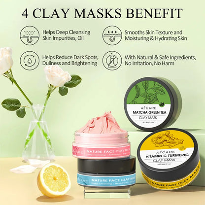 4 Pcs Clay Facial Mask Set Turmeric Vitamin C Green Tea Dead Sea Mud Rose Clay Deep Cleansing Moisturizing Refining Pores 320g