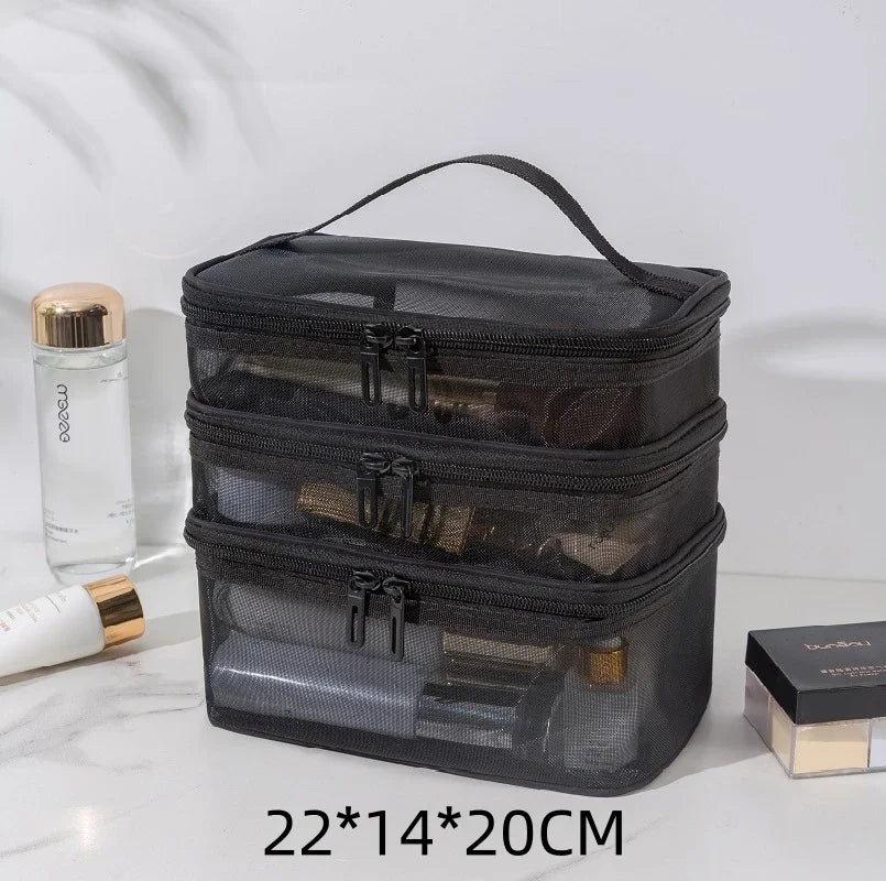 Travel Mesh Wash Storage Bag Makeup Organizer Cosmetics Make Up Skincare Box Plastic Container Handbag For Women Men Bathroom