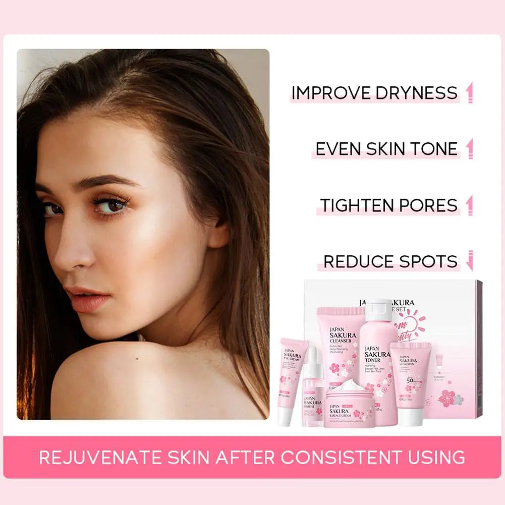 6Pcs/set Facial Skin Care Set Cleanser Sakura Essence Cream Moisturizing Whitening & Anti-Aging Toner Eye Cream Face Serum