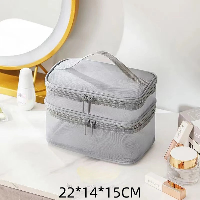 Travel Mesh Wash Storage Bag Makeup Organizer Cosmetics Make Up Skincare Box Plastic Container Handbag For Women Men Bathroom