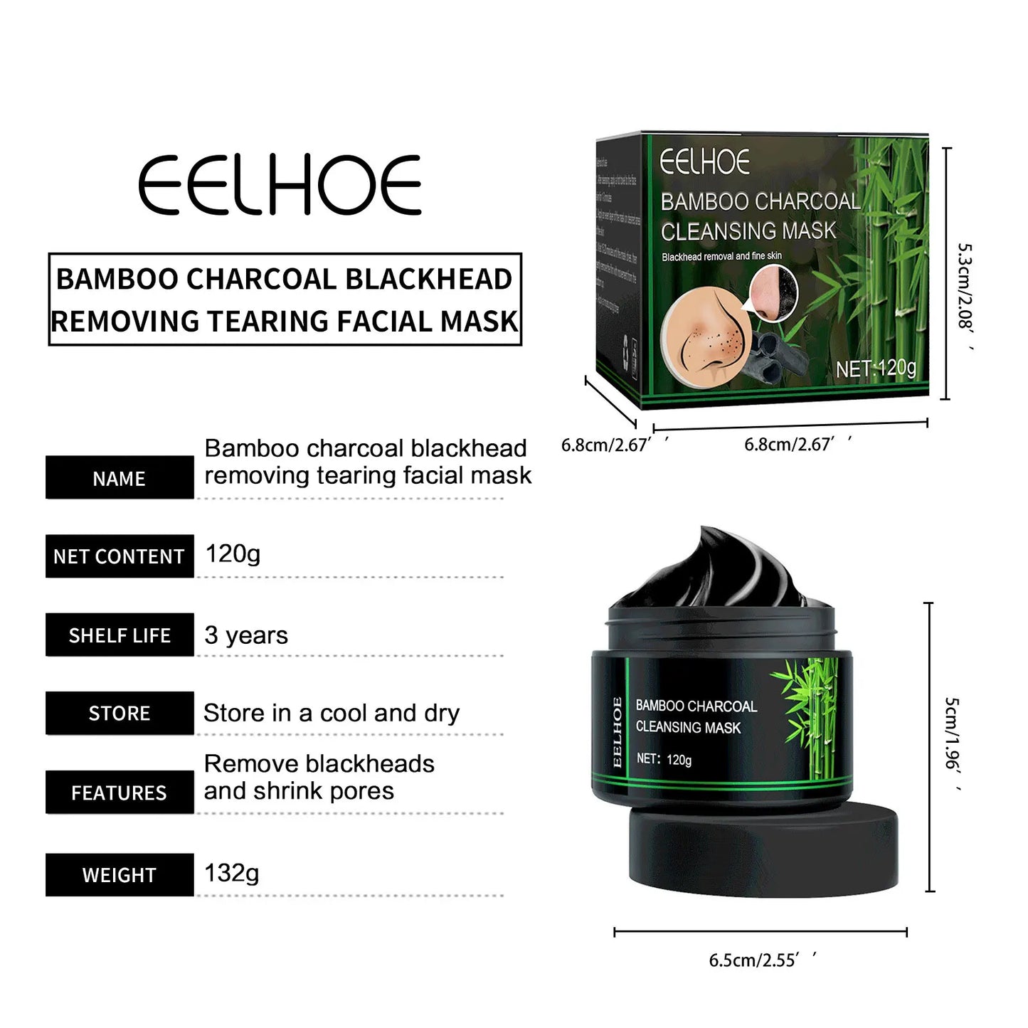 EELHOE Blackhead Remover Face Mask Oil-Control Nose Black Dots Peel off Mask Acne Treatment Shrink Pores Charcoal Cleaning Cream