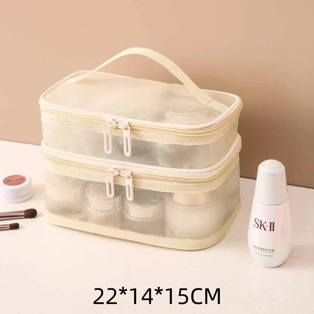 Travel Mesh Wash Storage Bag Makeup Organizer Cosmetics Make Up Skincare Box Plastic Container Handbag For Women Men Bathroom