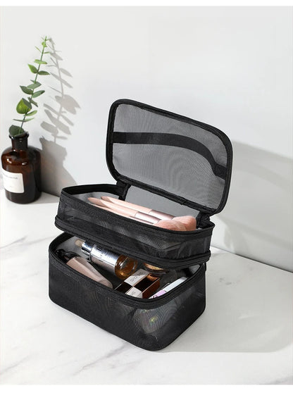 Travel Mesh Wash Storage Bag Makeup Organizer Cosmetics Make Up Skincare Box Plastic Container Handbag For Women Men Bathroom