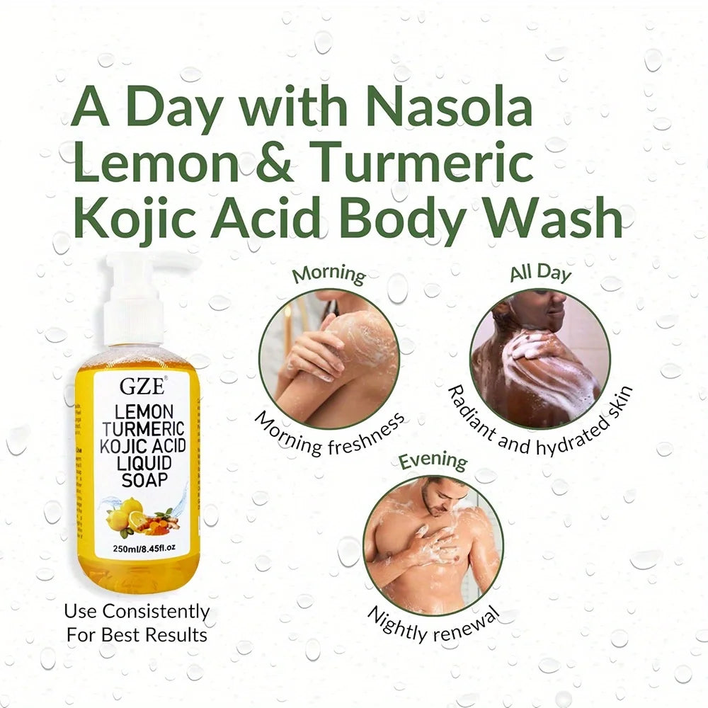 GZE Glow Lemon Turmeric Kojic Acid Liquid Soap - Gentle Exfoliating, Brightening, and Nourishing Skin Cleanser with Turmeric