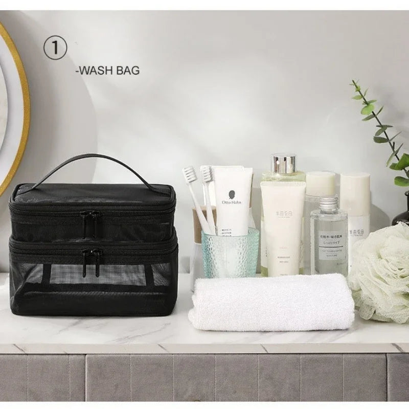 Travel Mesh Wash Storage Bag Makeup Organizer Cosmetics Make Up Skincare Box Plastic Container Handbag For Women Men Bathroom