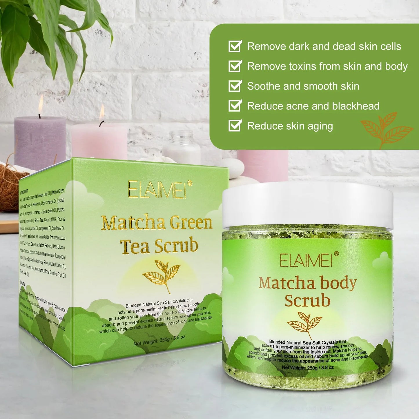 Matcha& Himalayan Salt & Turmeric Body Scrub, Whitening, Anti Oxidation, Reduces Acne, Pimples, Brighten Skin Tone Brightening